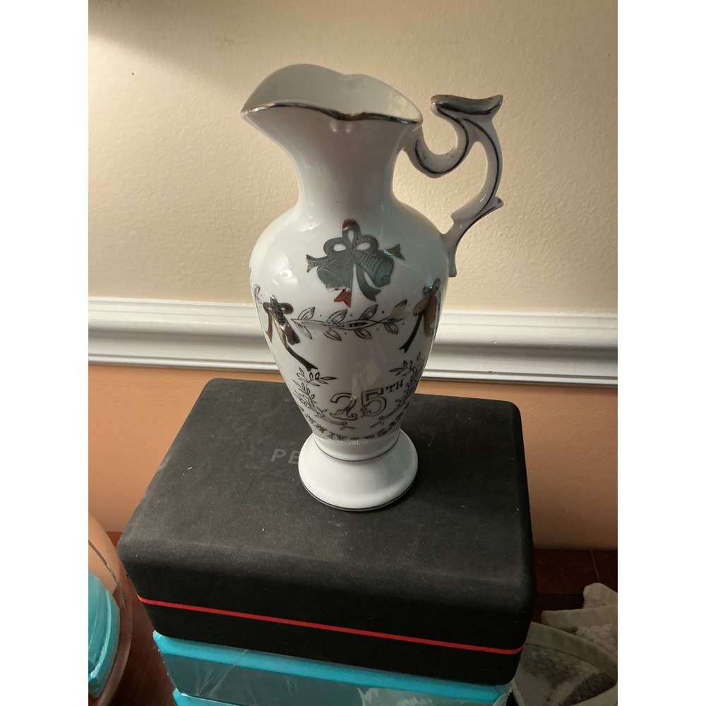 Lefton China 25th Anniversary Pitcher Vintage Silver Trim Porcelain Ewer SL2283N